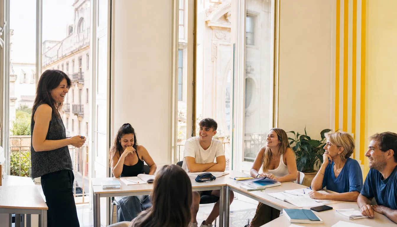 Una lezione di lingua in un'aula luminosa del centro di Palermo